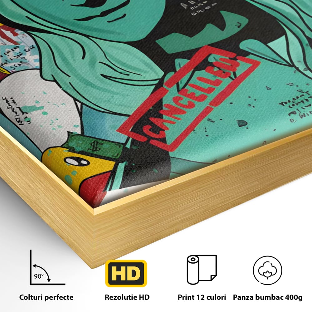 Detaliu al suprafetei: tablou canvas cu statuia libertatii in stil grafitti, in rama de aluminiu auriu